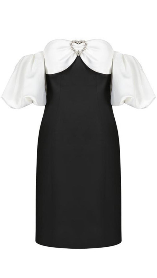 AIIZIE OFF SHOULDER BLACK AND WHITE PATCHWORK MINI DRESS - product image