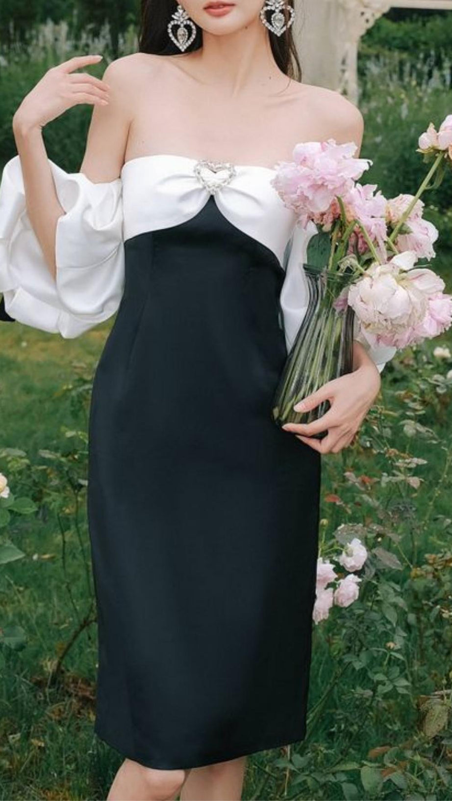 OFF SHOULDER BLACK AND WHITE PATCHWORK MINI DRESS