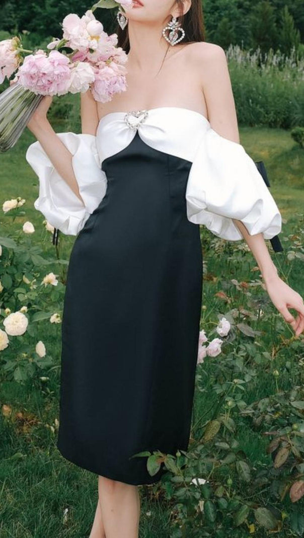 AIIZIE OFF SHOULDER BLACK AND WHITE PATCHWORK MINI DRESS - product image
