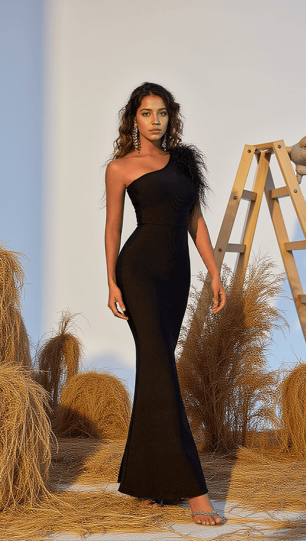 AIIZIE MINA ONE SHOULDER FEATHER TRIMMED BANDAGE DRESS - product image