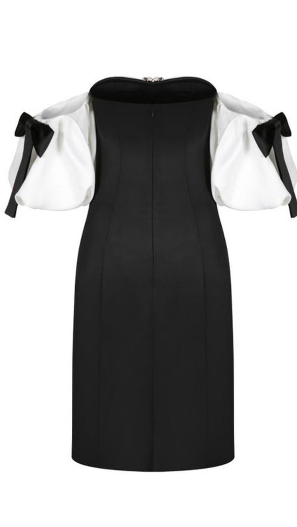 AIIZIE OFF SHOULDER BLACK AND WHITE PATCHWORK MINI DRESS - product image