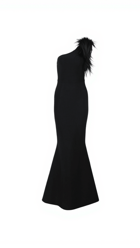 ABITO MINA MONOSPALLA CON BENDAGGI E BORDI IN PIUME