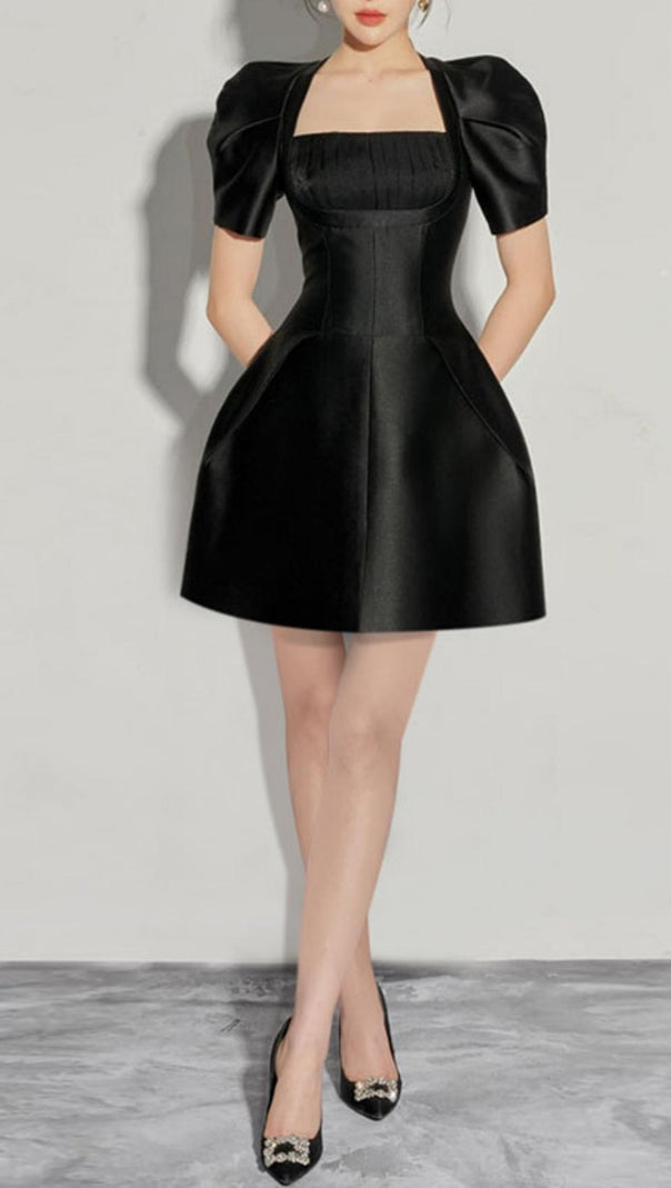 AIIZIE SQUARE NECK PUFF SLEEVE DRESS IN BLACK - product image