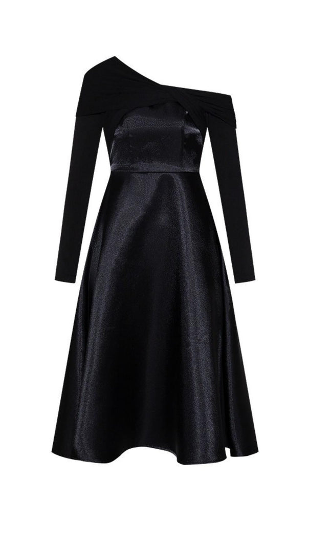 AIIZIE BLACK DIAGONAL SHOULDER LONG SLEEVE MIDI DRESS - product image