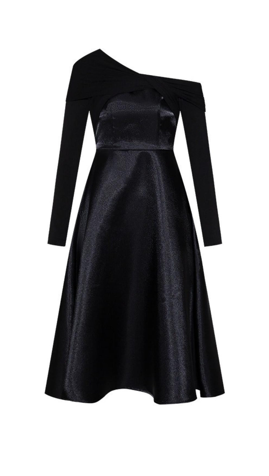 BLACK DIAGONAL SHOULDER LONG SLEEVE MIDI DRESS