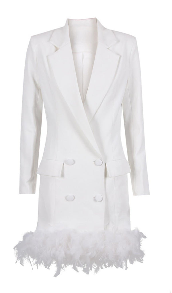 WHITE FEATHER LONG SLEEVE BLAZER MINI DRESS