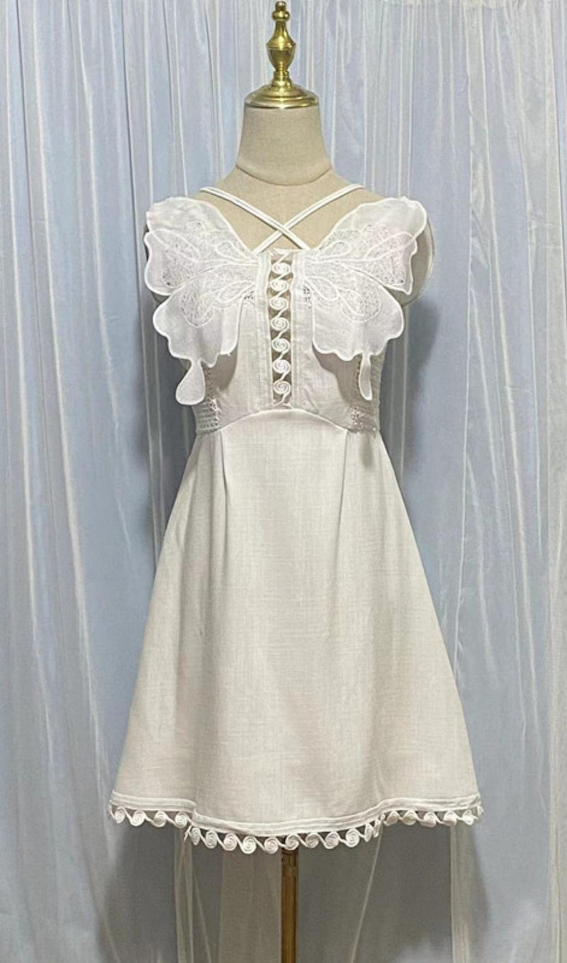 WHITE BUTTERFLY EMBROIDERY MINI DRESS