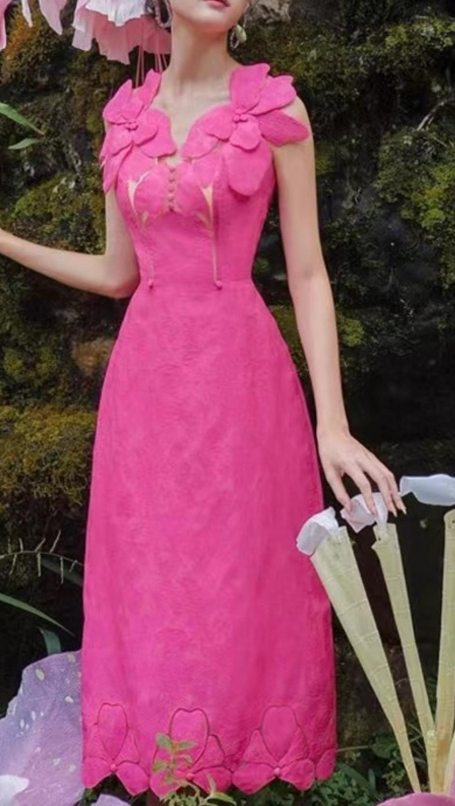 PINK JACQUARD EMBROIDERY MIDI DRESS