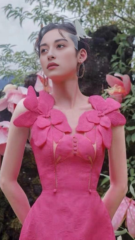 PINK JACQUARD EMBROIDERY MIDI DRESS