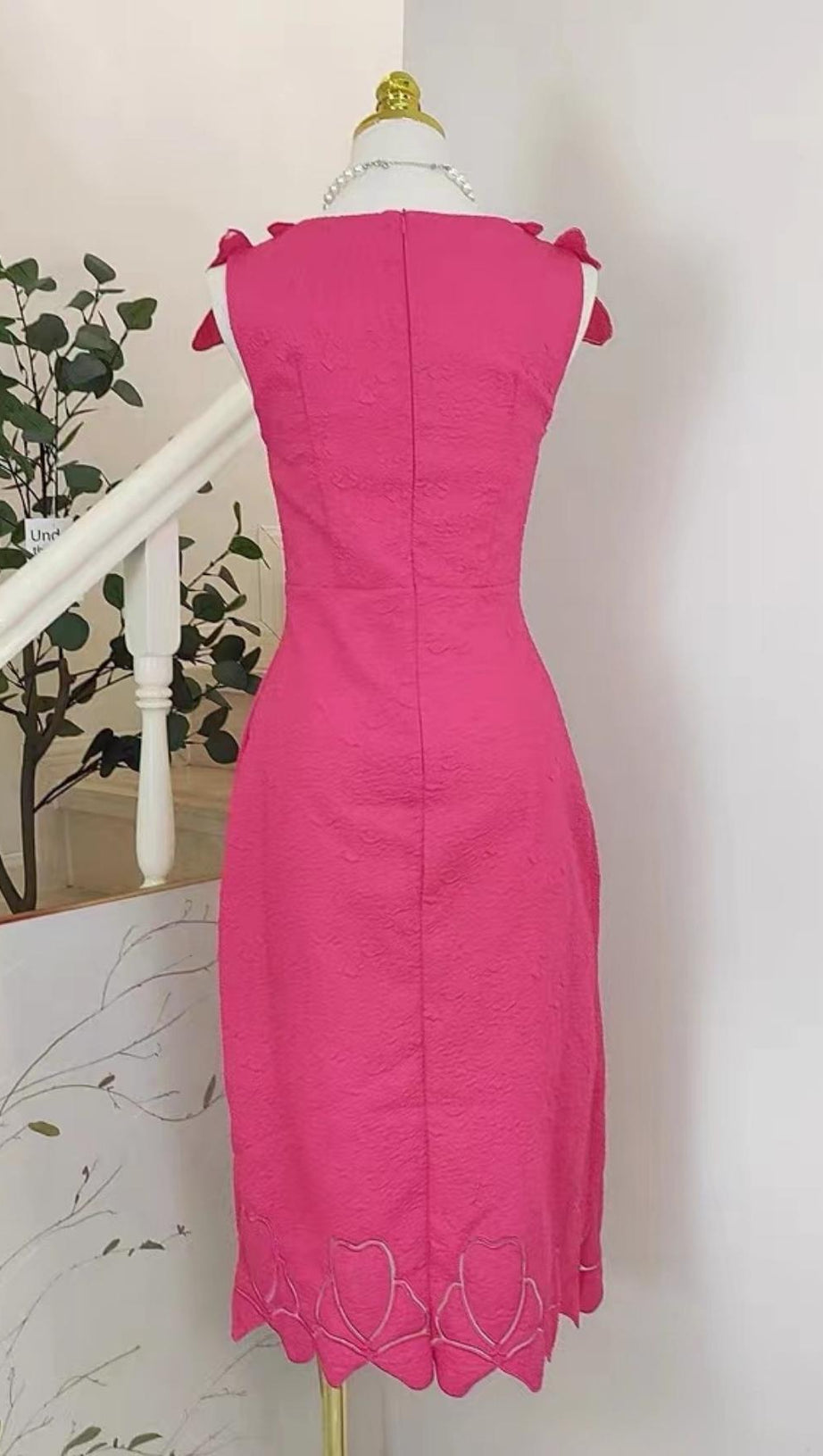 PINK JACQUARD EMBROIDERY MIDI DRESS