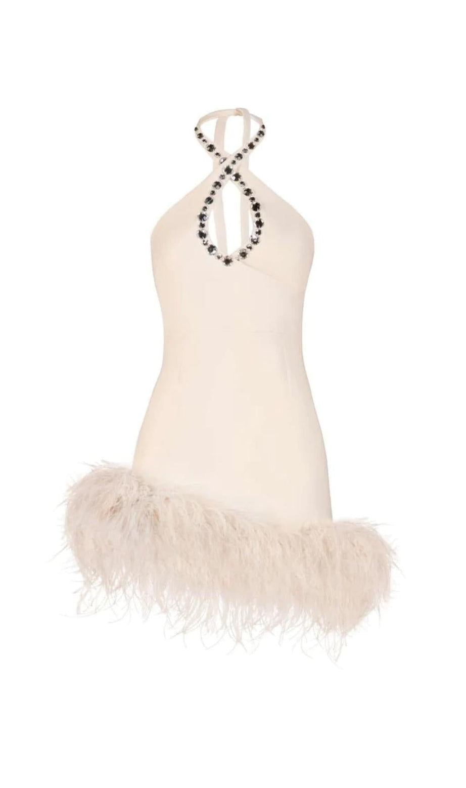 MINI ABITO IN CREPE CON PIUME BIANCHE