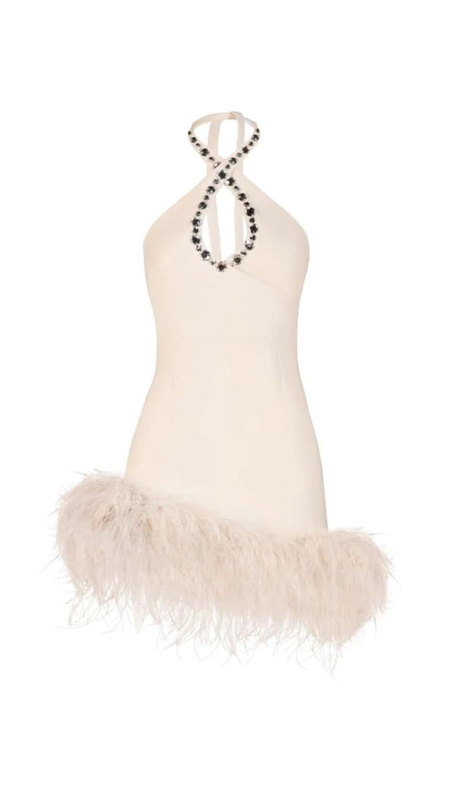WHITE FEATHER-EMBELLISHED CREPE MINI DRESS
