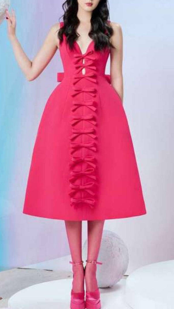 ABITO MIDI CON SPALLINE E FIOCCO ROSA
