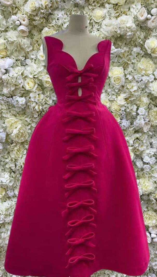 ABITO MIDI CON SPALLINE E FIOCCO ROSA