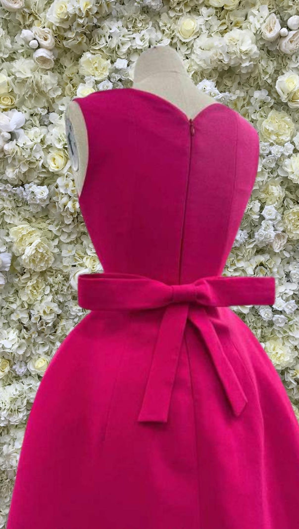 ABITO MIDI CON SPALLINE E FIOCCO ROSA