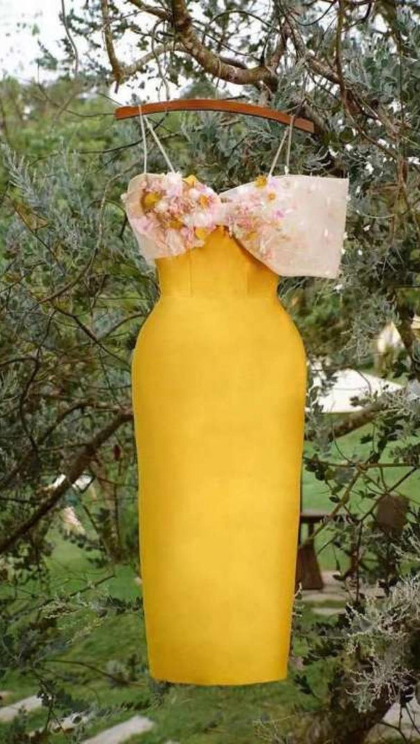 AIIZIE YELLOW FLOWER ONE WORD LED MIDI DRESS - product image