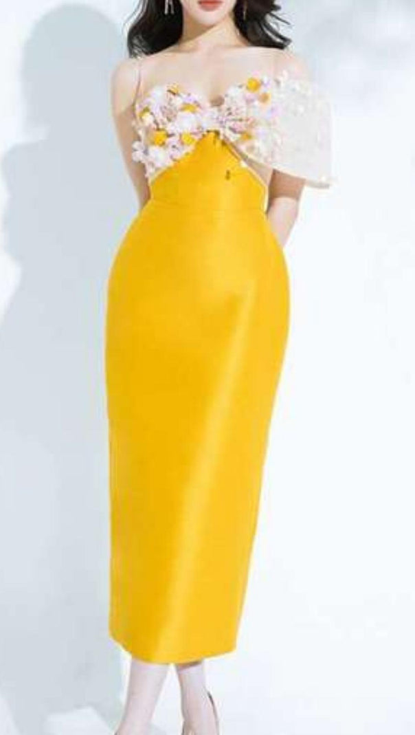 AIIZIE YELLOW FLOWER ONE WORD LED MIDI DRESS - product image