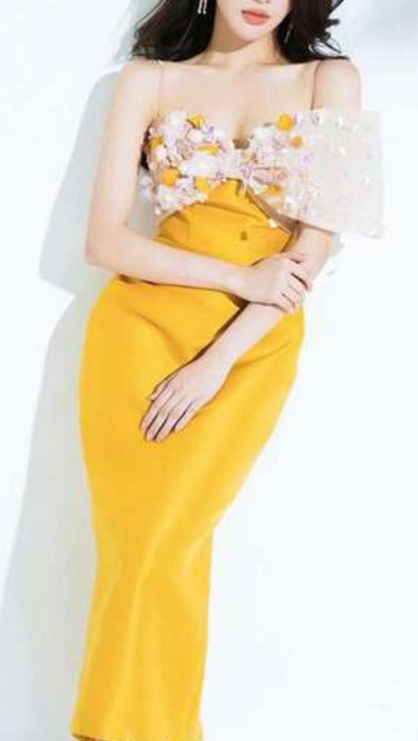 AIIZIE YELLOW FLOWER ONE WORD LED MIDI DRESS - product image