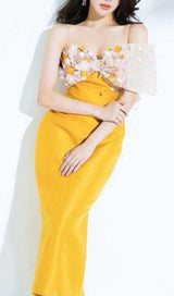 YELLOW FLOWER ONE WORD LED MIDI DRESS