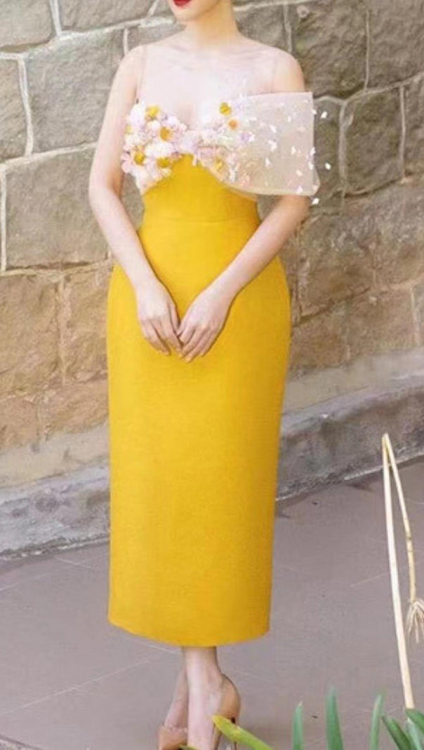AIIZIE YELLOW FLOWER ONE WORD LED MIDI DRESS - product image