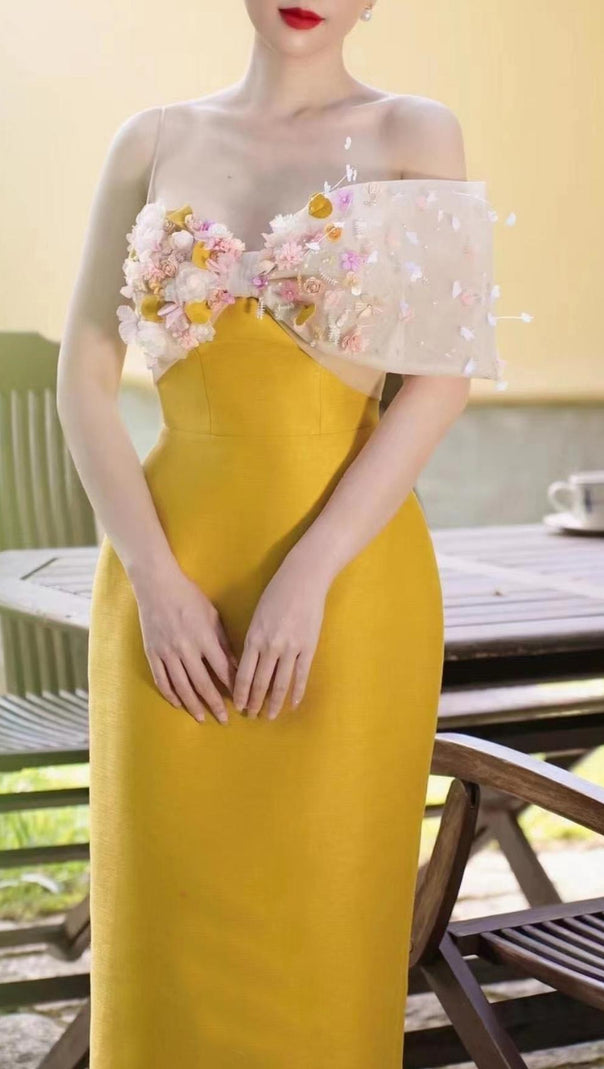 AIIZIE YELLOW FLOWER ONE WORD LED MIDI DRESS - product image