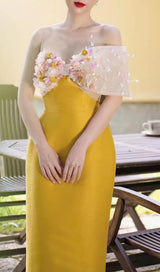 YELLOW FLOWER ONE WORD LED MIDI DRESS