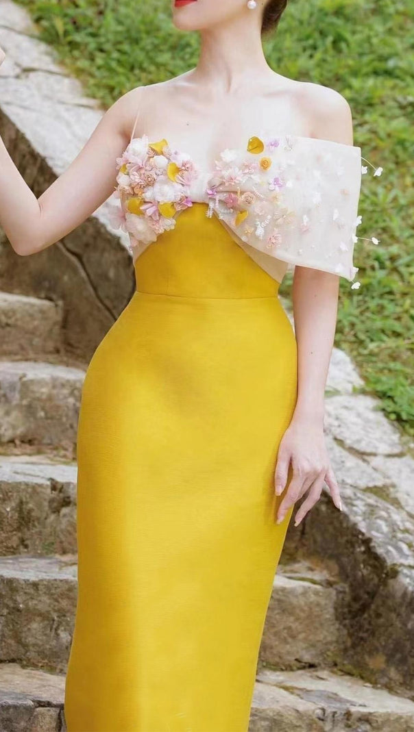 AIIZIE YELLOW FLOWER ONE WORD LED MIDI DRESS - product image