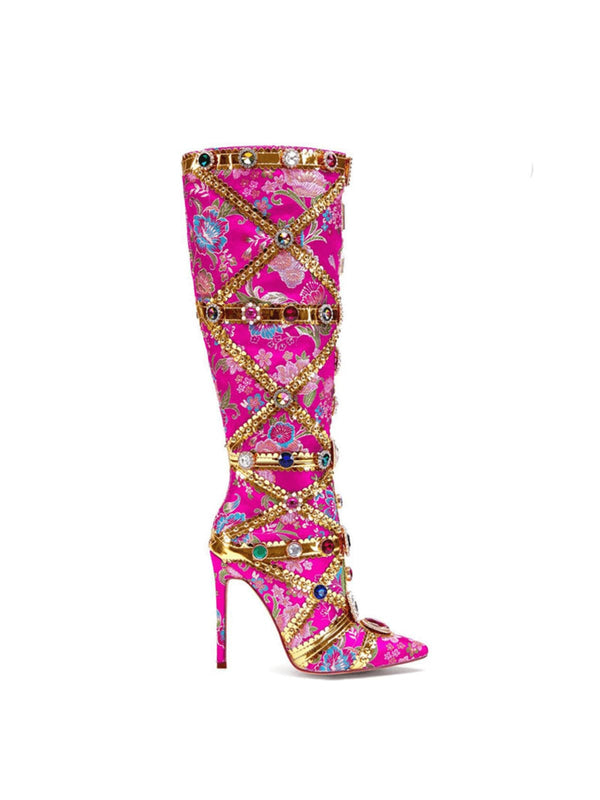 Tesni Floral Printed Rhinestone Boots