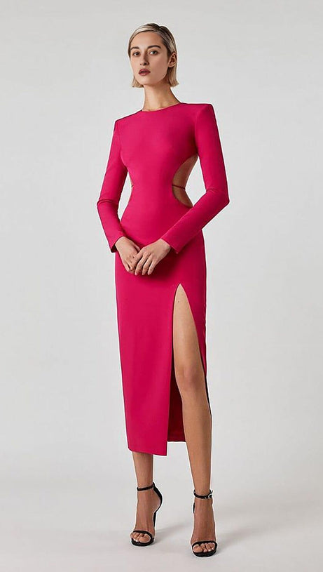 LONG SLEEVE OPEN BACK SLIT DRESS IN ROSE RED