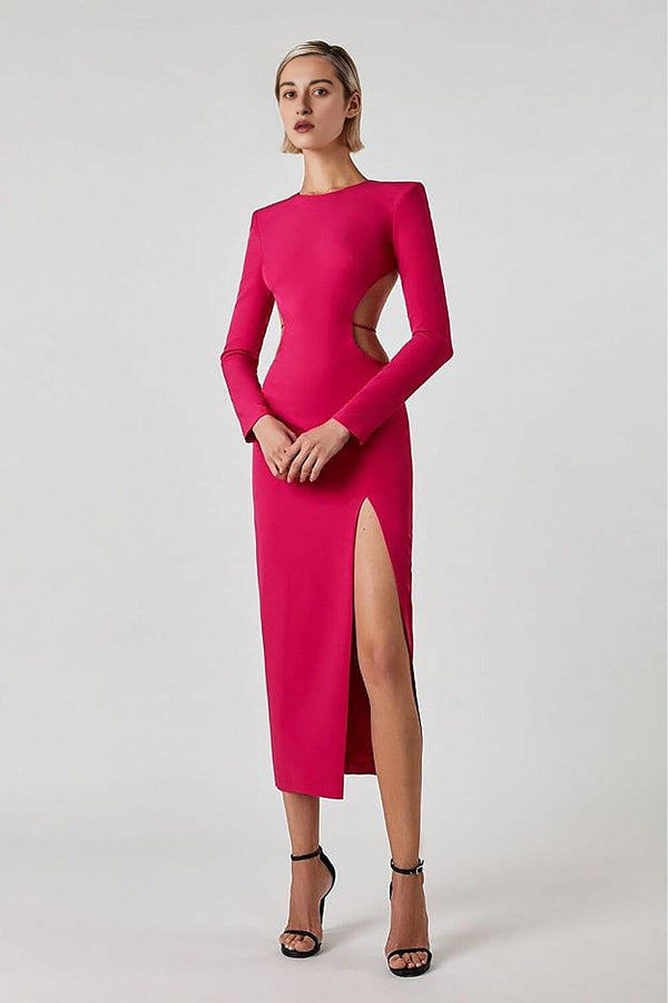 LONG SLEEVE OPEN BACK SLIT DRESS IN ROSE RED