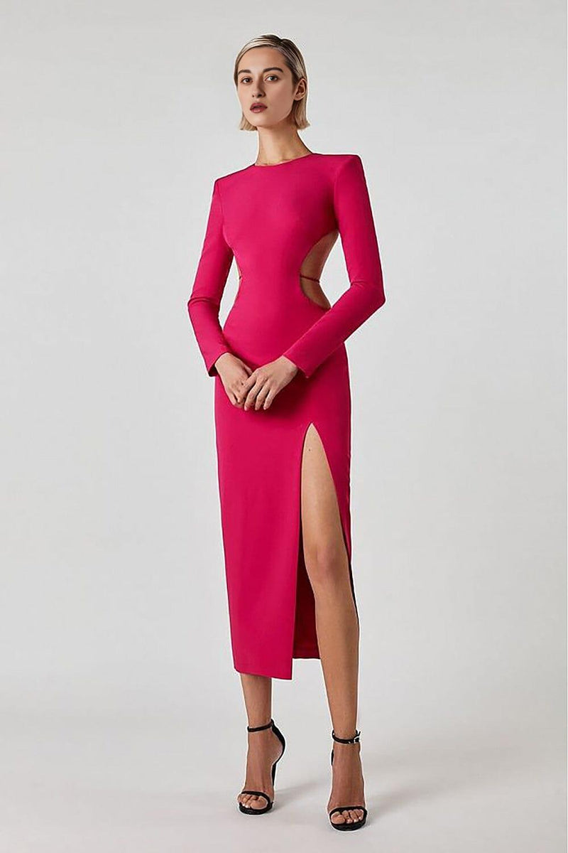 LONG SLEEVE OPEN BACK SLIT DRESS IN ROSE RED