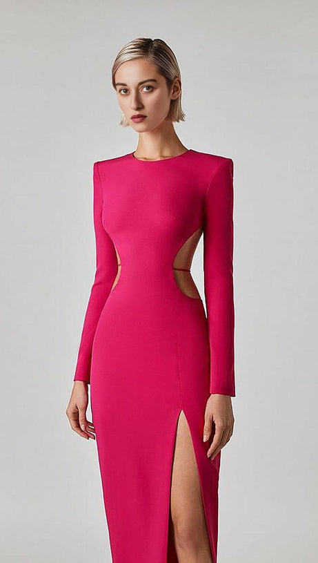 LONG SLEEVE OPEN BACK SLIT DRESS IN ROSE RED
