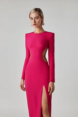 LONG SLEEVE OPEN BACK SLIT DRESS IN ROSE RED