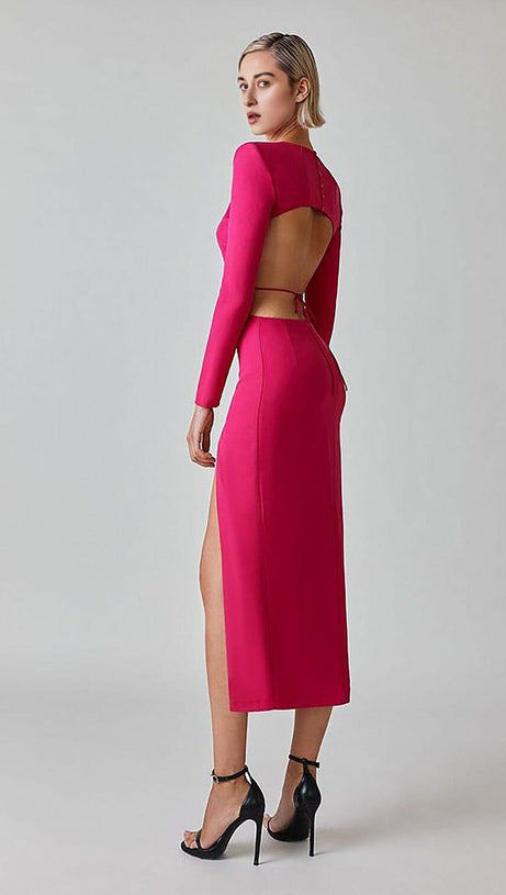 LONG SLEEVE OPEN BACK SLIT DRESS IN ROSE RED