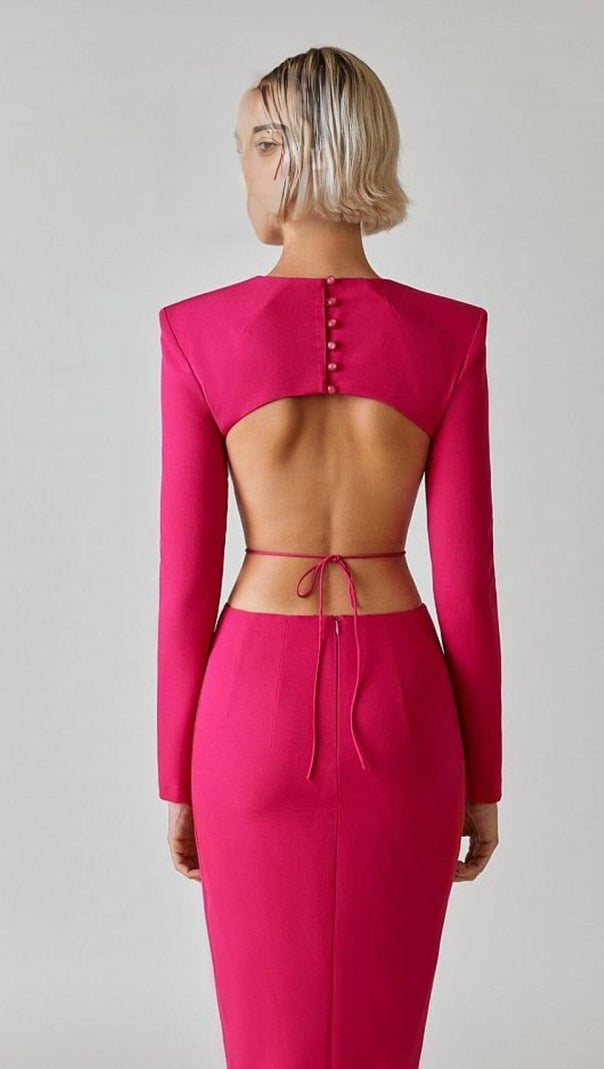 AIIZIE LONG SLEEVE OPEN BACK SLIT DRESS IN ROSE RED - product image