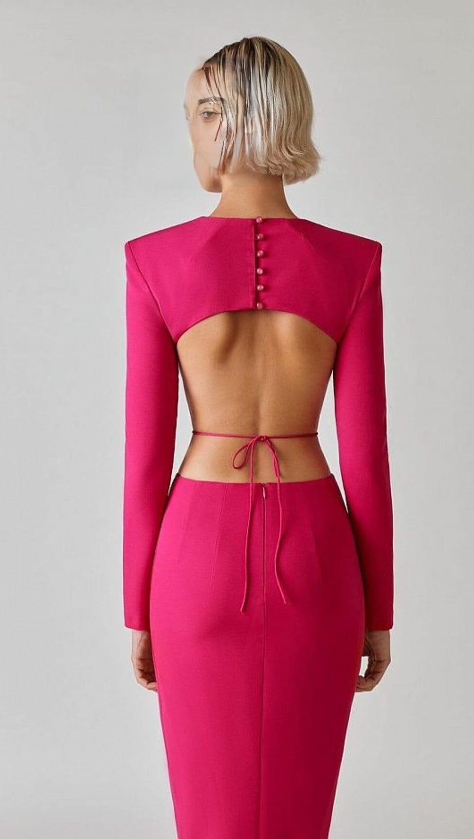 LONG SLEEVE OPEN BACK SLIT DRESS IN ROSE RED