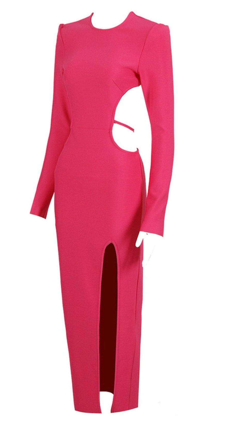 LONG SLEEVE OPEN BACK SLIT DRESS IN ROSE RED