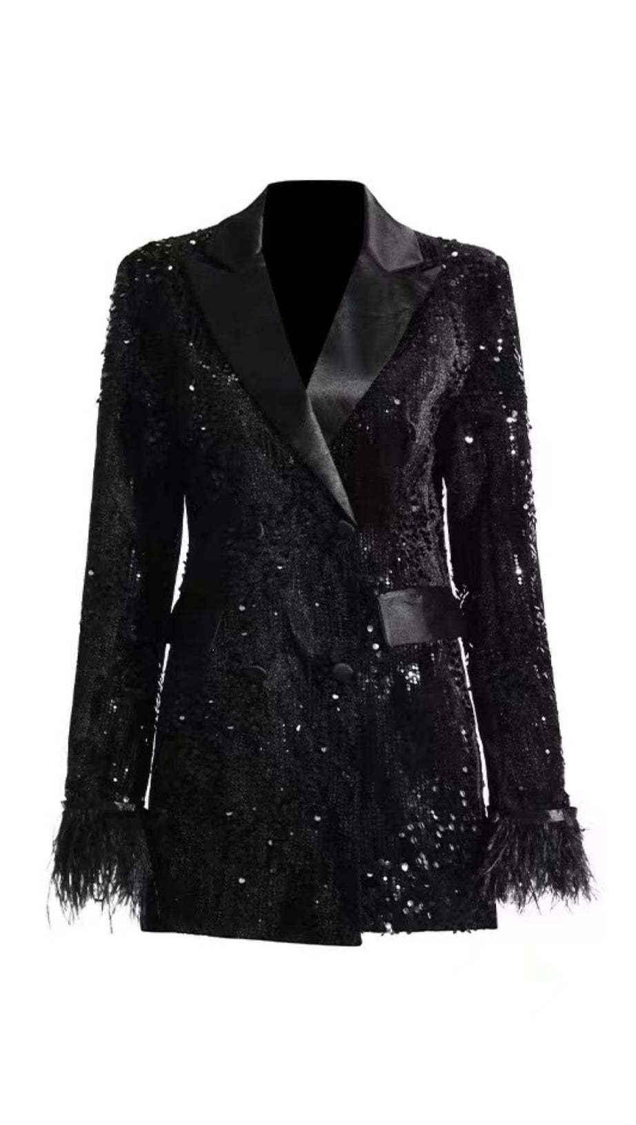 V NECK SEQUIN FEATHER BLAZER IN BLACK