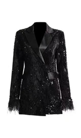 V NECK SEQUIN FEATHER BLAZER IN BLACK