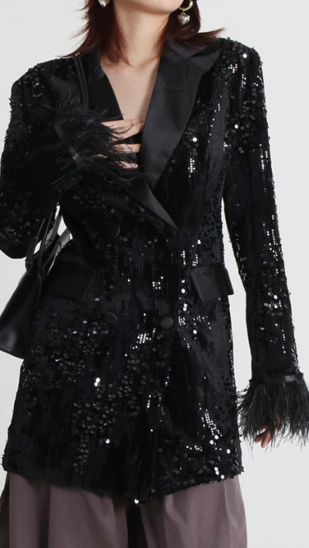 AIIZIE V NECK SEQUIN FEATHER BLAZER IN BLACK - product image