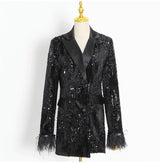 V NECK SEQUIN FEATHER BLAZER IN BLACK