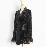 V NECK SEQUIN FEATHER BLAZER IN BLACK