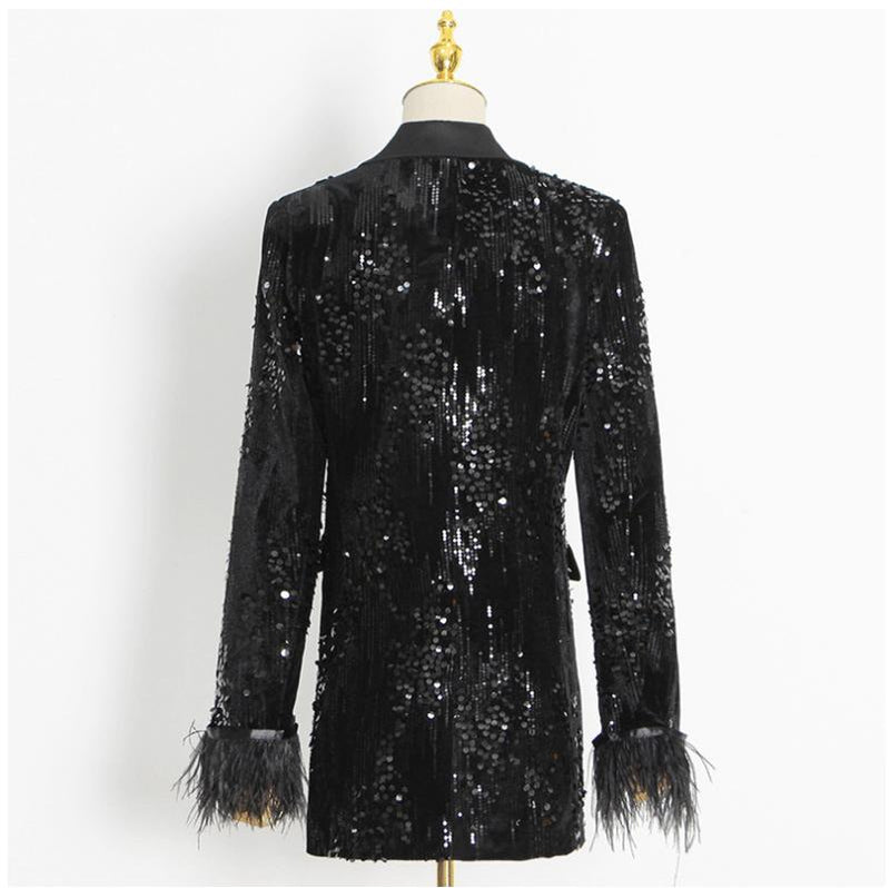 V NECK SEQUIN FEATHER BLAZER IN BLACK