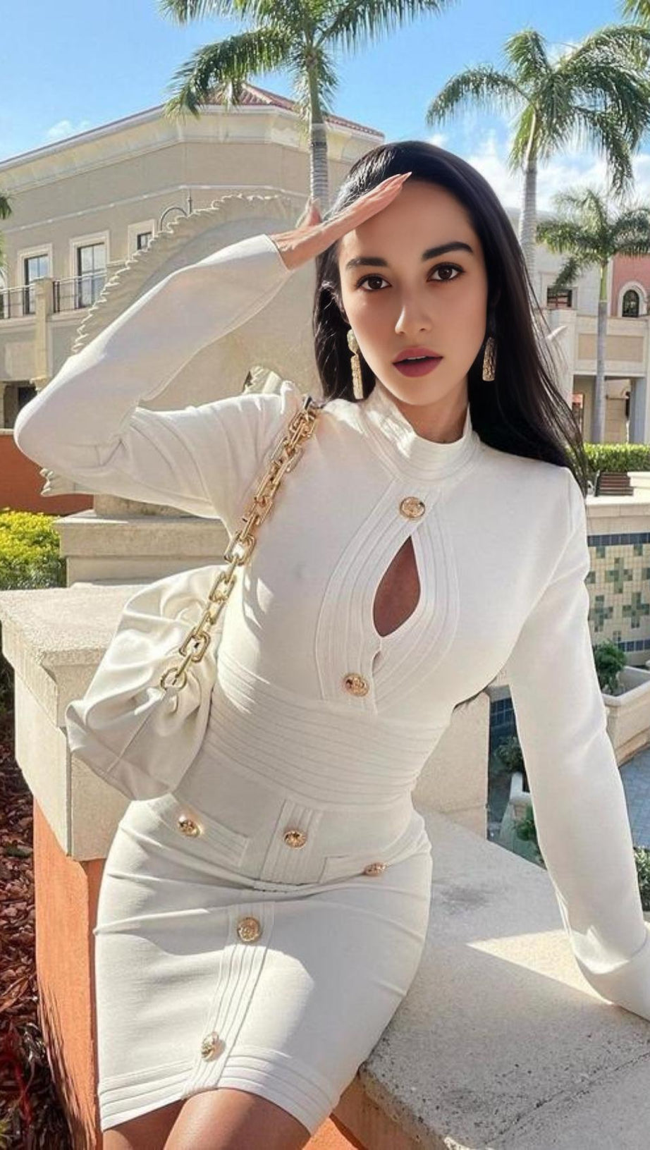 CUTOUT LONG SLEEVE MINI DRESS IN WHITE
