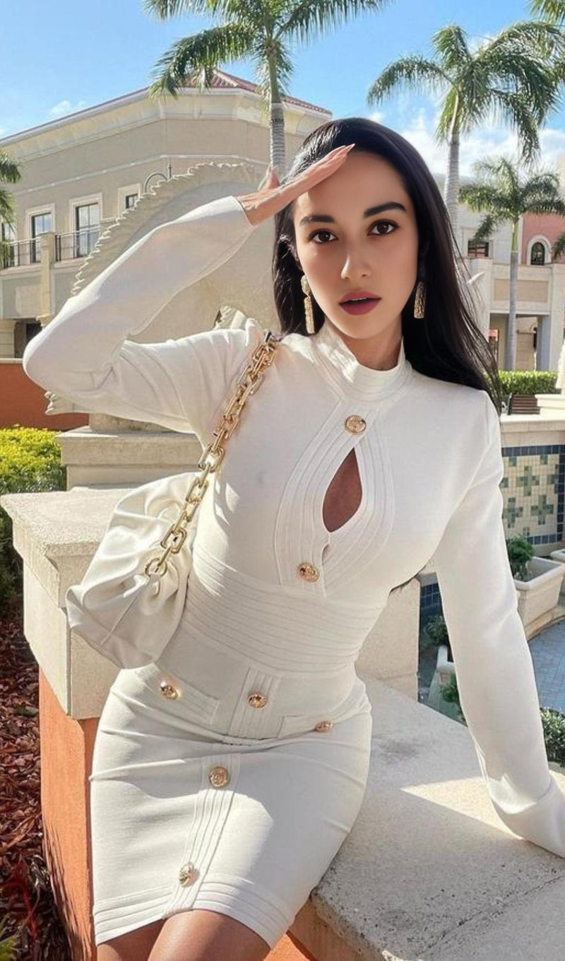 CUTOUT LONG SLEEVE MINI DRESS IN WHITE