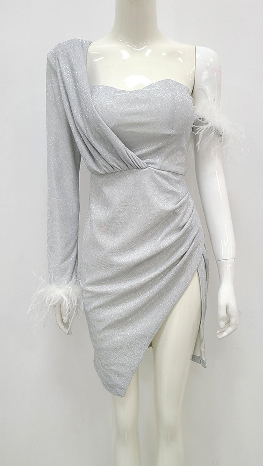 LONG SLEEVE SEQUIN FEATHER MINI DRESS IN SILVER