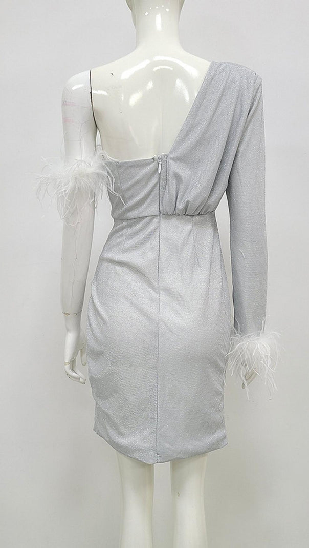Long Sleeve Sequin Feather Mini Dress in Silver