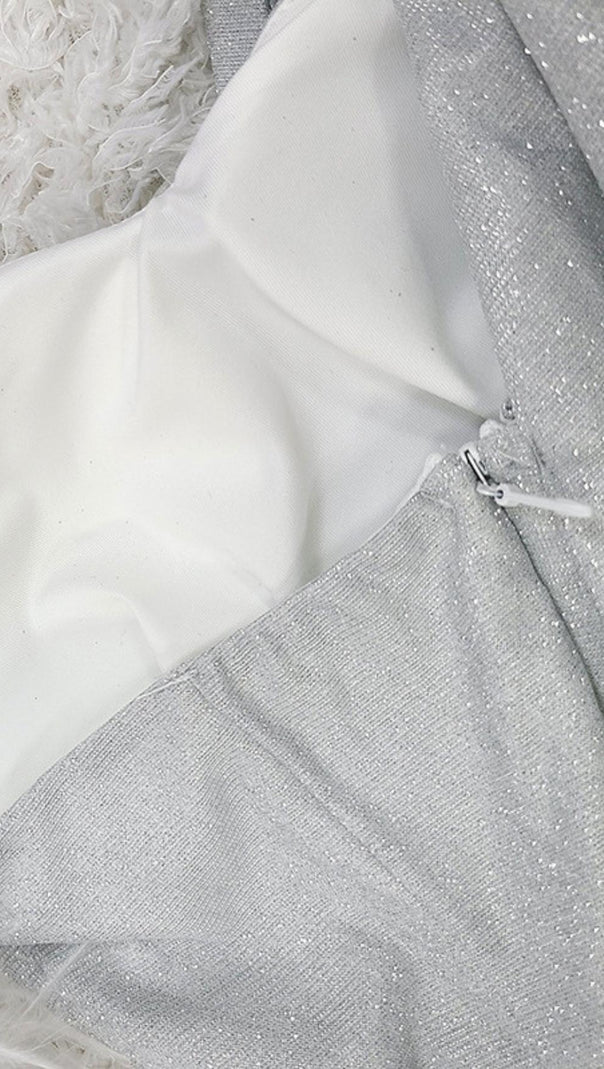 Long Sleeve Sequin Feather Mini Dress in Silver