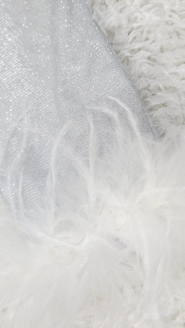 Long Sleeve Sequin Feather Mini Dress in Silver