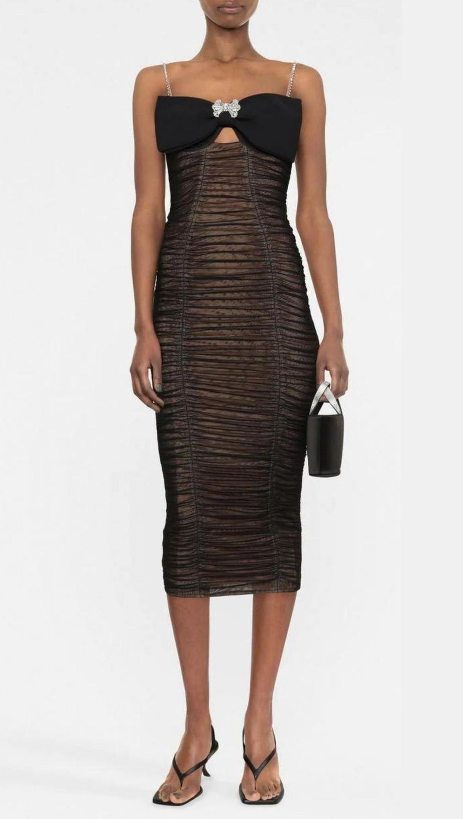 BOW MESH STRAPPY MIDI DRESS IN BLACK